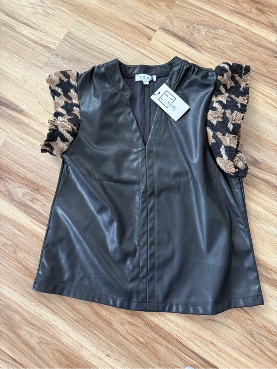 THML Tops - THML Black Faux Leather Shell Top with Tan-Black Textured Puff Sleeves